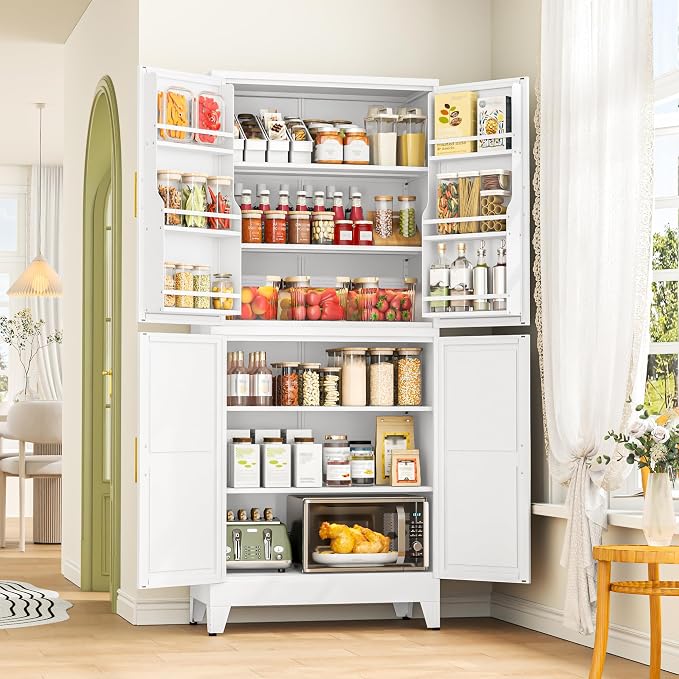 GAIOUS 74.8" Tall Metal Food Cabinet, White Kitchen Pantry Cabinet Cupboard | Food Storage, Kitchen Organizer, Storage Cabinet with 4 Door and 4 Adjustable Shelves, Steel Freestanding, for Dining Living