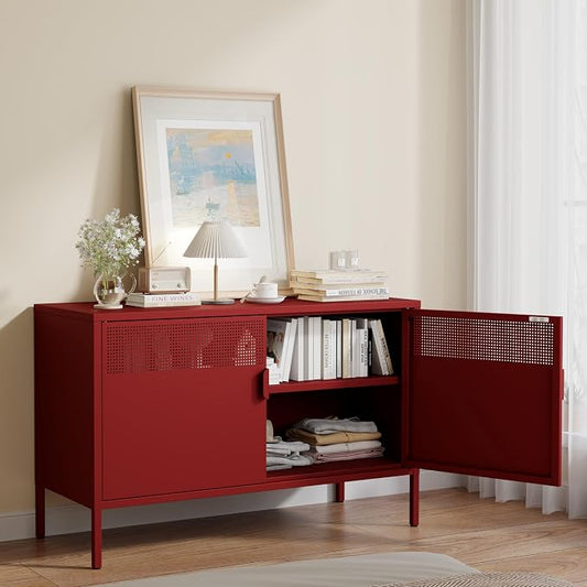 Metal Storage Cabinet with 2 Doors & Adjustable Shelves, Red | 25"H Accent Cabinet, Metal Locker Storage Cabinets, TV Stand Cabinet for Home, Office, Living Room, Entryway