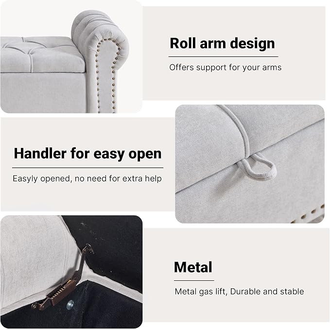 Storage Bed Bench for Bedroom, Chenille 67" End of Bed King Size Benches with Armrest, Tufted Button Upholstered Ottoman Bench for Living Room, Entryway, Silver Grey