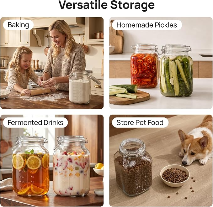 Vtopmart 1.1 Gallon Glass Storage Jars with Airtight Clamp Lids, 2 Pack | 140oz Square Canisters with Wide Mouth, Measurement Marks, Large Food Container for Flour, Sugar, Rice, Pickling, Fermenting