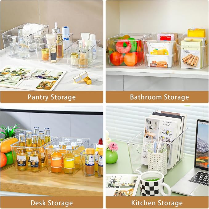 Freebat 12 Pack Pantry Organization and Storage,Clear Plastic Storage Bins | 4Small 4Middle 4Large,Cabinet Organizer, Clear Plastic Storage Containers with Handle,Acrylic Storage Bins for Cabinet,Fridge