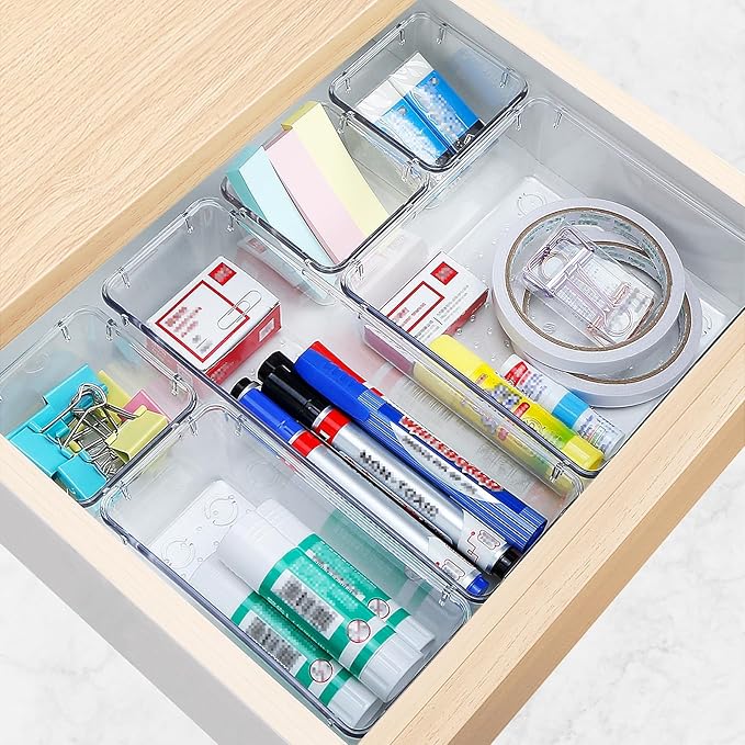 StorMiracle 25 PCS Drawer Organizer Set, 4 Varied Size Bathroom and kitchen Drawer cabinet organizer Trays, Clear Storage Bins for Makeup, Jewelry, Utensils and Gadgets