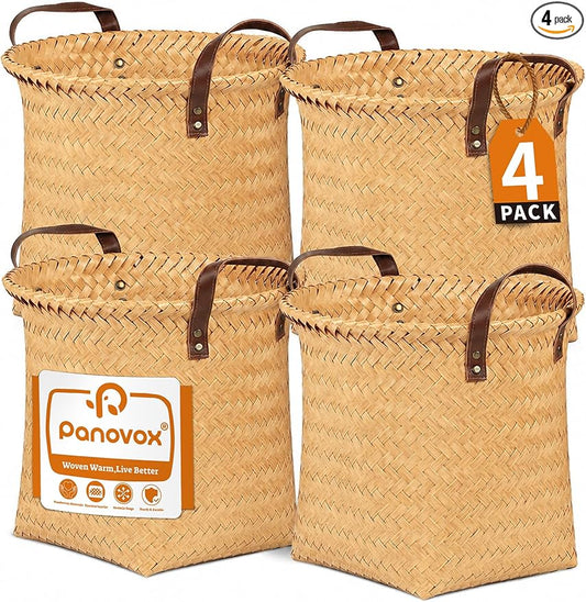 Wicker Storage Baskets, 4 Pack Woven Baskets for Shelves, Yellow | PP Rattan, Water-resistant Wicker Basket, Large Baskets with Faux Leather Handles for Blanket, Laundry Organizer, Room Decor