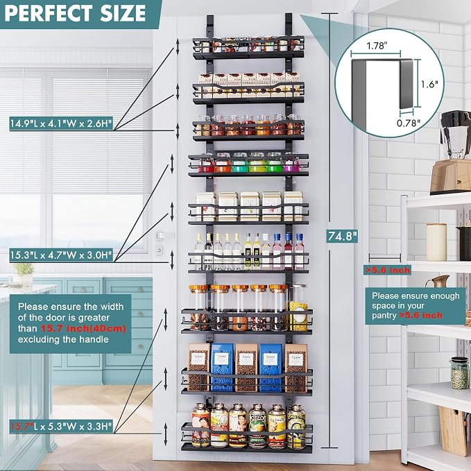 Eastherry Over The Door Pantry Organizer，9-Tier Over The Door Organizer with Adjustable Basket，Metal Hanging Pantry Organizers and Storage for Kitchen, Back of Door Seasoning Rack (Black)