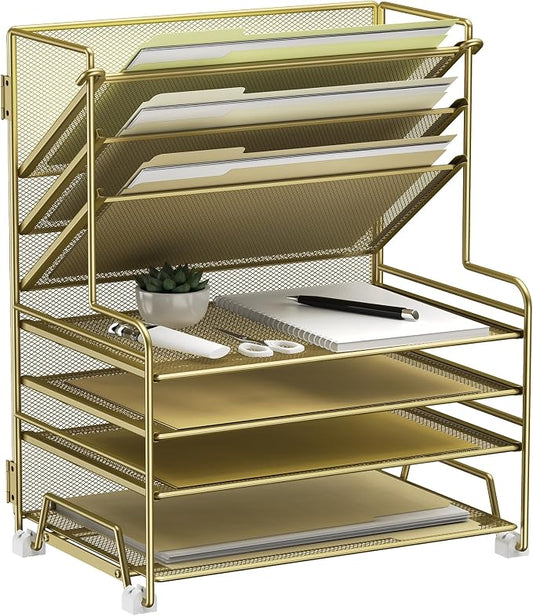 MINDEPOT 4-Tier Paper Organizer + 3-Pocket File Holder + Drawer + Pen Holders, Desktop File Organizers Paper Tray for Office Supplies School Classroom Organization (Gold, no Drawer & Pen Holder)