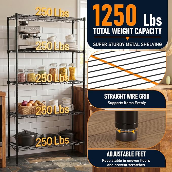 FDW | 5-Tier Wire Shelf | 36" x 14" x 72" | Black | Storage Shelves with Adjustable Racks, Holds upto 1250 lbs | Rust-Resistant, No-Tool Assembly | For Home, Garage