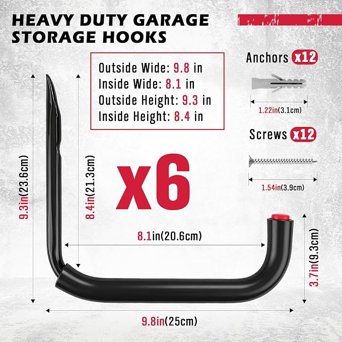 SEDY 6 Pack Heavy Duty Garage Hooks, Ladder Hooks for Garage Wall, Each Holds Up to 66 LB, 9.8 Inch EVA-Padded Steel Utility Hangers for Bikes, Folding Chairs, Garden Hoses and Tools