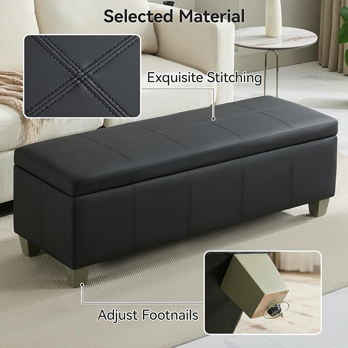 WUTUTUEE 51" Faux Leather Storage Ottoman, Stitch Tufted Rectangle Upholstered End of Bed Storage Bench, Entryway Large Couch Ottoman with Wooden Legs, Dark Black
