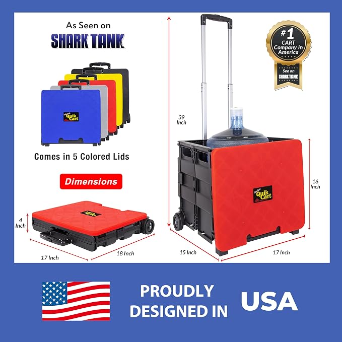 dbest products Quik Cart Collapsible Rolling Crate on Wheels for Teachers Tote Basket 80 lbs Capacity, Made from Heavy Duty Plastic and used as a Seat, Standard, Red | with Wheels, Roll Up to 80 lbs Capacity, Heavy Duty Plastic Construction, Telescopin...