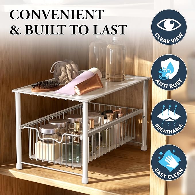 Simple Houseware Wired Stackable Under Sink Cabinet Sliding Basket, White | Free Standing Organizer Drawer, Kitchen/Pantry/Cabinet/Counter