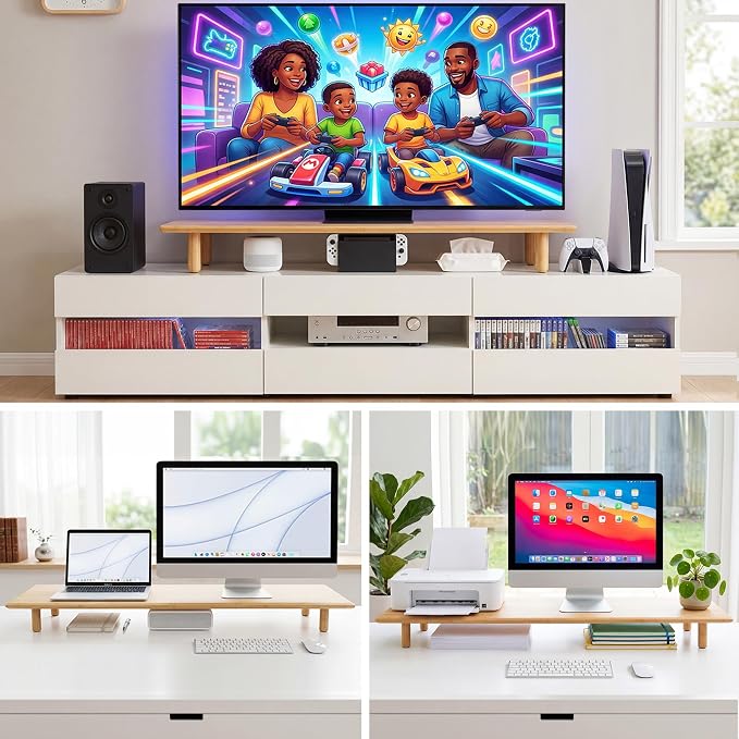 Bamboo Dual Monitor Stand Riser, Natural Desk Shelf with Storage | 39.37-Inch Wide, 3.5-Inch Clearance, Fits Keyboards, Soundbars and Two 24-Inch Monitors for Home Office