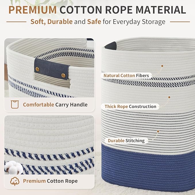 AINUOQI Large Laundry Basket - Tall Woven Rope Laundry Hamper with Leather Handles - Dirty Clothes hamper for Living room, Bedroom, 17" X 13.8" X 22", Dark Blue & White