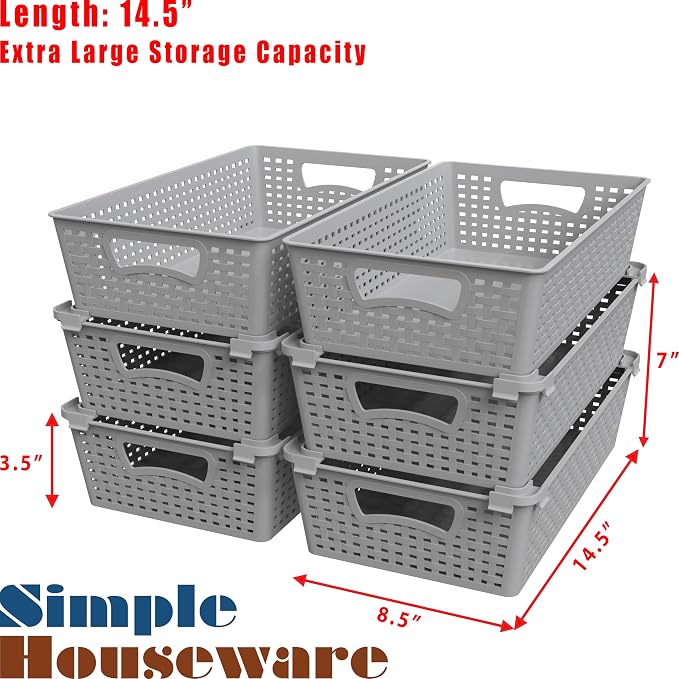 Simple Houseware Stackable Plastic Woven Basket Organizer, 6 Pack, Gray | 14.5" D x 8.5" W x 3.5" H