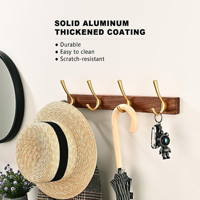 2 Pack 17.3" Small Walnut Wood Coat Rack Wall Mount with 4 Hooks, Heavy Duty Wooden Jacket Hanger Door Mounted for Decorative Entryway Bathroom Hanging Towel Backpack Purse Hat Key Satin Gold