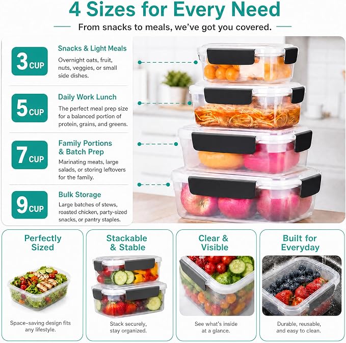 YORY 5cup Plastic Food Storage Containers With Lids For Lunch Meal Prep,5pk | BPA free,Stackable and Nestable,Snaplock Lid ,Freezer Dishwasher Microwave Safe