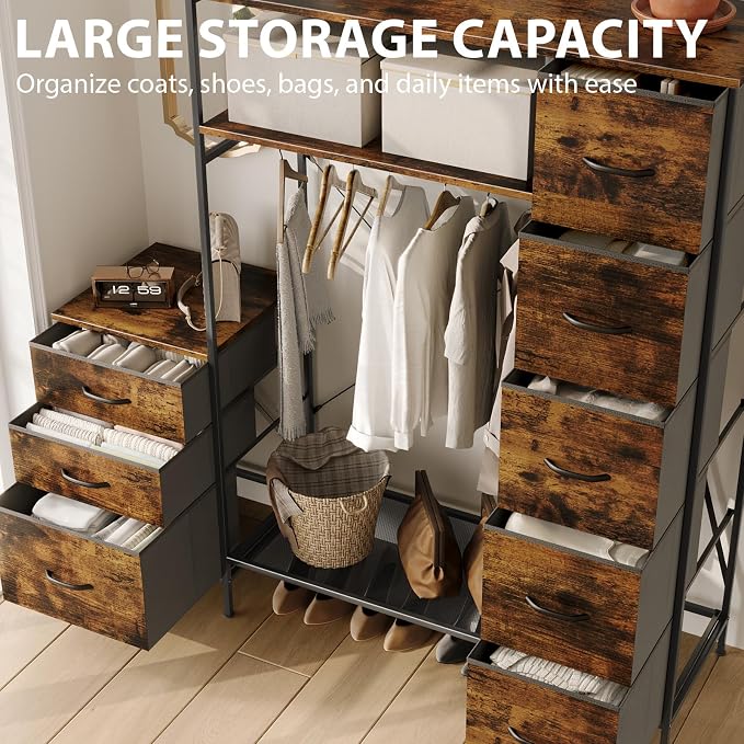 Clothes Rack with 8 Drawers, 4 Shelves & LED, 55" W×57" H Dresser with Hanging Rack, Portable Garment Rack, Freestanding Wardrobe Closet Organizer System for Bedroom, Small Space
