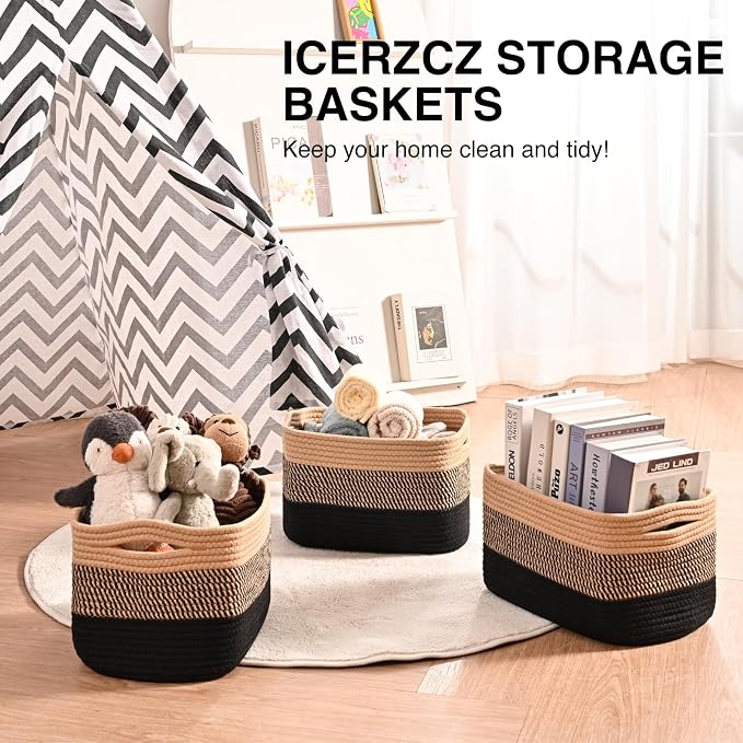 ICERZCZ Storage Baskets for Shelves Organizing, Woven Cotton Rope Baskets for Storage, Book Basket, Towel Basket, 12.5"Lx9.1''Wx7.9''H (4 Packs) Gradient Black & Jute