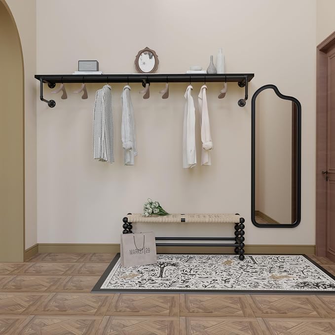 Clothes Rack 70in, Wall Mounted Garment Racks with Real Black Wood Shelf, Heavy Duty Hanging Clothes Rack, Multi-Purpose Hanging Rod, Space-Saving Closet Storage