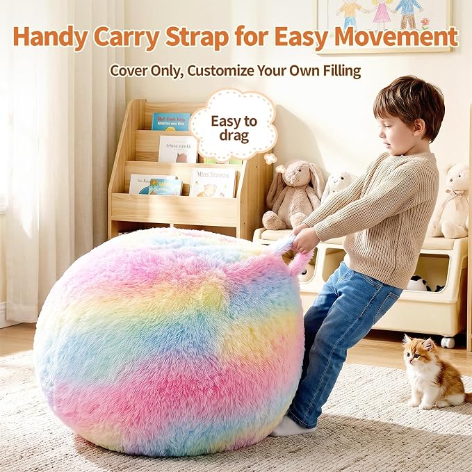 Stuffed Animal Storage Bean Bag Chair Cover, Soft Bean Bag Cover | Fluffy Faux Fur Stuffed Animal Storage Chair, Non-Slip Bottom, Fill with Plush Toys or Blankets, for Adults Teens Kids Girls