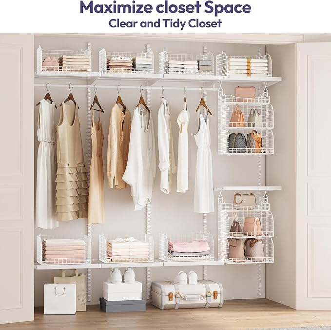 SWTYMIKI Hanging Closet Organizer Storage - 3 Tier Metal Stackable Hanging Closet Shelves with Dividers and S Hooks, Foldable Clothes Shelves for Clothes, Pants, Shoes, Coat, Hats Clutches Accessories
