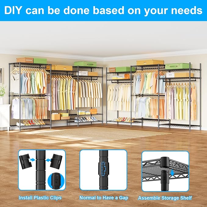 E13 Max Heavy Duty Clothes Rack（With 4 Hanger Rods & 8 Shelves） Freestanding Clothing Racks for Hanging Clothes，Adjustable Closet，Metal Garment Rack 86" W x16 D x77 H，Max Load 1100LBS，Black