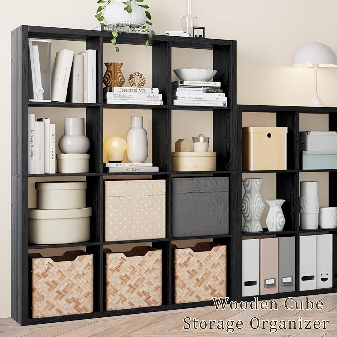 VDNEND Cube Storage Organizer Bookcase, Decorative 11 inch Open Back Cubical Shelf with Thickened Border, Display Bookshelf for Living Room, Home Office, Sturdy Room (Black, 12 Cube)