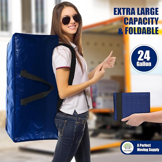 Cosy Family 8 Pack Heavy Duty Extra Large Moving Bags with Backpack Straps - Strong Handles & Zippers, Storage Totes For Space Saving, Fold Flat, Alternative to Moving Box (Set of 8, Blue)