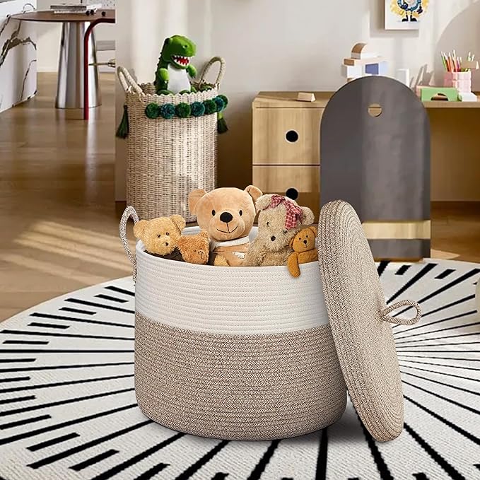 18" X18“ X 14" Large Storage Basket with Lid, Blanket Basket Living Room, Woven Cotton Rope Storage Box, Lidded Kids Dog Toy Bin, Wicker Laundry Basket, Blankets Pillows Organizer Holder