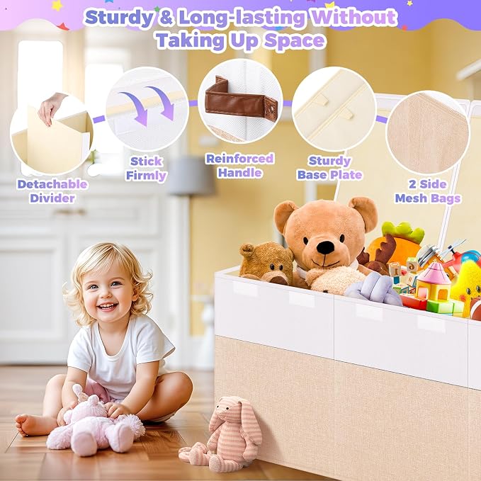 Extra Large Toy Storage Box with Lid, Collapsible Sturdy Toy Chest Storage Organizer Bin Basket with Divider for Kids, Boys, Girls, Closet, Playroom, Bedroom, Nursery, 40"X14"X16", Beige & White | Sturdy Kids Toys Bin with 2 Mesh Pockets and Dividers f...