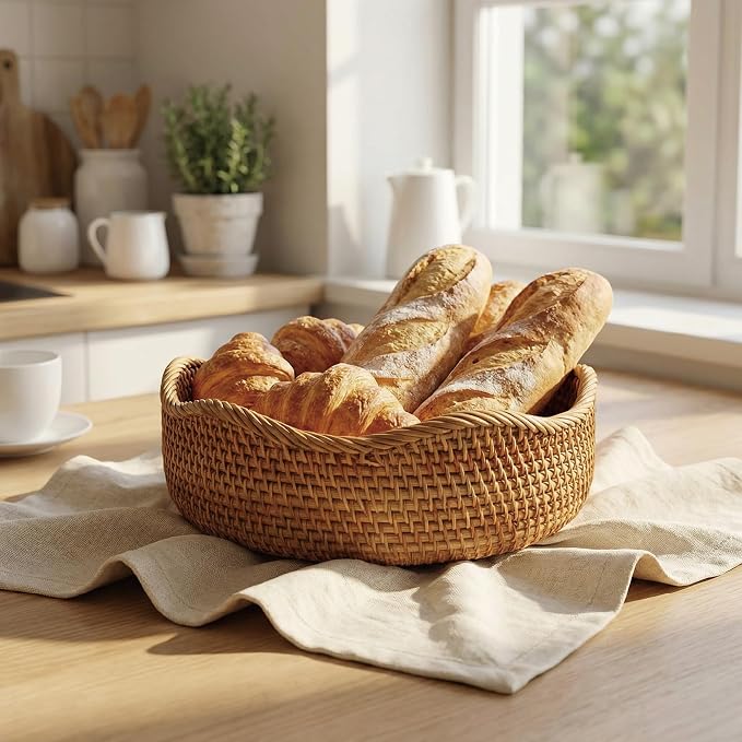 YANGQIHOME Rattan Bread Basket, Round Fruit Baskets, Wicker Storage Bowls, Natural Woven Serving Basket Bowls, Decorative Baskets for Kitchen Counter Organizing (Natural L)