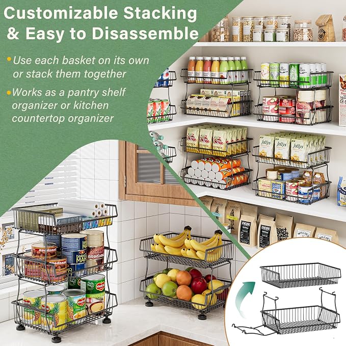 OKZEST Pantry Organizers and Storage Cart with Upgraded Metal Hub Casters | Fits under pantry shelf, Stackable fine-mesh wire baskets, 3-Tier rolling cart holds drink, snack, can, potato, onion, fruit