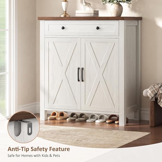 Farmhouse Shoe Storage Cabinet, 5-Tier High Boots Organizer with Adjustable Shelves, Large Drawer & Barn Doors, Entryway Shoe Rack for Hallway Living Room, White