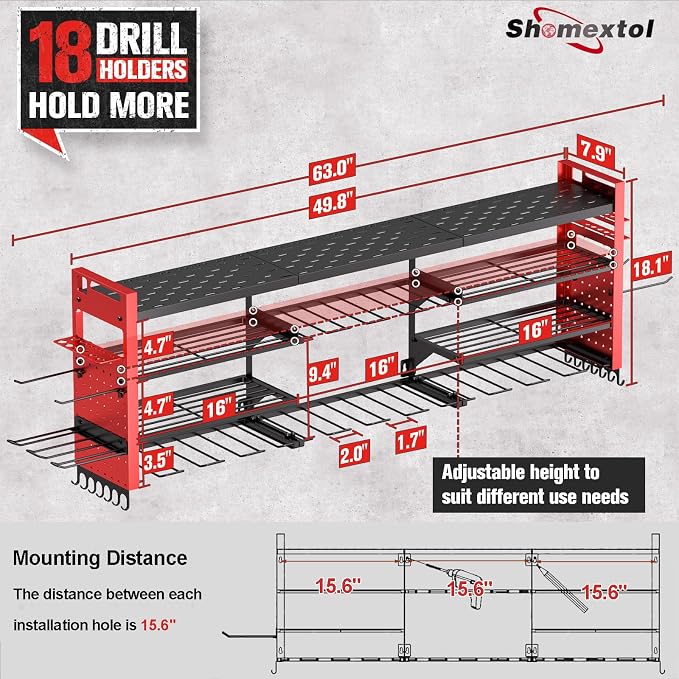 49.8" Power Tool Organizer Wall Mount,Holds 18 Cordless Drills | Large 4-Tier Tool Storage Rack, Heavy Duty 450 lb Load Capacity for Garage Workshop, Black, Gift for Men