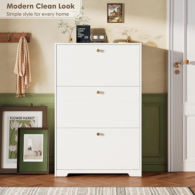 Nicetree Shoe Cabinet with 3 Flip Drawers, Narrow Shoe Organizer Cabinet, Freestanding Shoe Rack Cabinet, Modern Shoe Storage Cabinet for Entryway, Hallway, Foyer, White