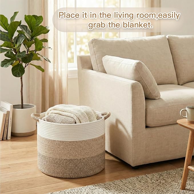 Artfeel 70L Large Cotton Rope Basket, Decorative Woven Blanket Storage for Living Room, Boho Toy Storage & Toy Box for Kids, Versatile Laundry Basket & Nursery Hamper for Blankets(BrownYellow)