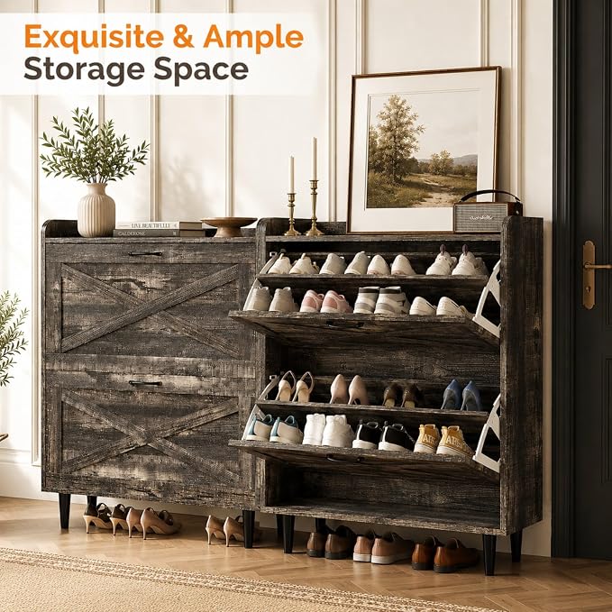 VINGLI Shoe Storage Cabinet for Entryway with 2 Flip Drawers, Ultra Slim Freestanding Entryway Shoe Organizer with Wood Tapered Legs,Hidden Closed Shoe Rack,31.6"W * 9.4"D * 39.4"H, Dark Rustic Oak