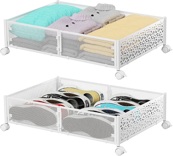 PHINOX Under Bed Storage with Wheels,Patterned,Sturdy Metal,2 Pack,White | Tool-free assembly, glide smoothly, easy reach, foldable, maxmazie low-profile beds, dorm, keep seasonal clothes, shoes fresh