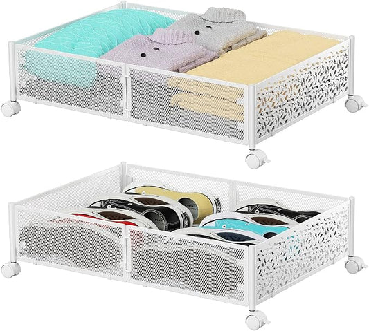 PHINOX Under Bed Storage with Wheels,Patterned,Sturdy Metal,2 Pack,White | Tool-free assembly, glide smoothly, easy reach, foldable, maxmazie low-profile beds, dorm, keep seasonal clothes, shoes fresh