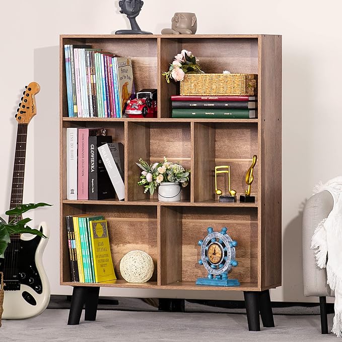 LEYAOYAO Cube Bookshelf, Mid-Century Modern Book Shelf with Legs, Oak | 3 Tier Bookcase, Rustic Wood Bookshelves Freestanding Small Storage Organizer, Open Shelves for Bedroom, Living Room, Office