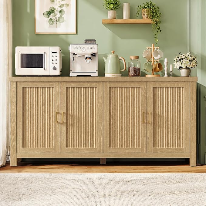 usikey 63" Buffet Cabinet with Storage, Fluted Sideboard Cabinet with 4 Adjustable Shelves, Modern Coffee Bar with 4 Doors, Coffee Bar Cabinet for Kitchen, Living Room, Natural