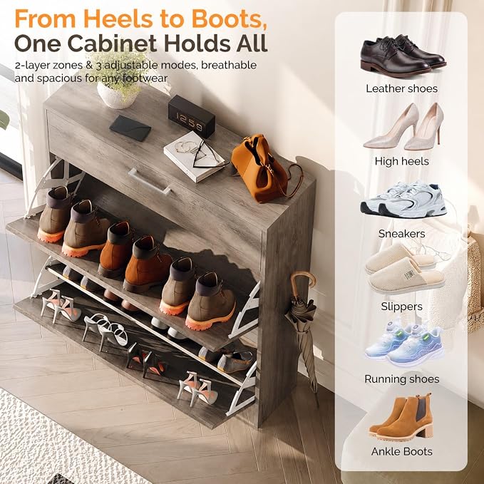 VINGLI Grey Shoe Cabinet for Entryway, Slim Shoe Rack Storage with 3 Flip Drawers, Rustic Washed Grey Wood Finish, Narrow Hidden Shoe Organizer for Hallway, 9.5" Depth, Greige