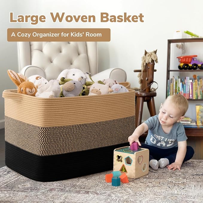 Goodpick 105L Extra Large Cotton Rope Blanket Basket, Black Jute | 25 x 16 x 16 in, Rectangle, Living Room, Bedroom & Nursery Organization, Blankets, Pillows & Toys Storage