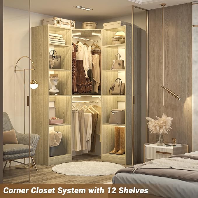Besiost Corner Closet System with 12 Shelves, 39.2" Corner Organizer | L Shaped Closet with 2 Hanging Rods, Versatile 6-Tier Walk-in Closets for Corner Space, White Oak (39.2" L x 39.2" W x 80" H)