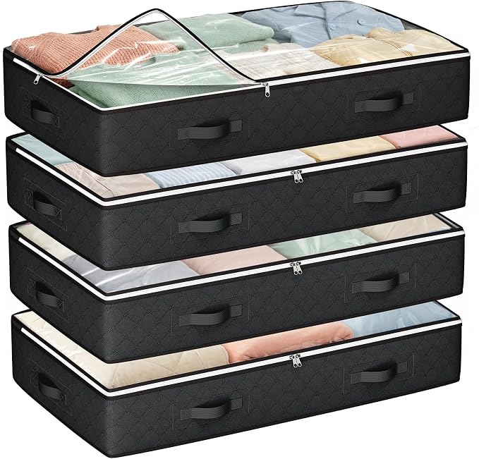 Budding Joy Under Bed Storage Containers with Clear Lids, 4 Pack | Foldable closet organizers for clothes, blankets, shoes, bed sheets, comforter, wrapping paper, home dorm storages, 60L black