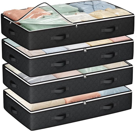 Budding Joy Under Bed Storage Containers with Clear Lids, 4 Pack | Foldable closet organizers for clothes, blankets, shoes, bed sheets, comforter, wrapping paper, home dorm storages, 60L black