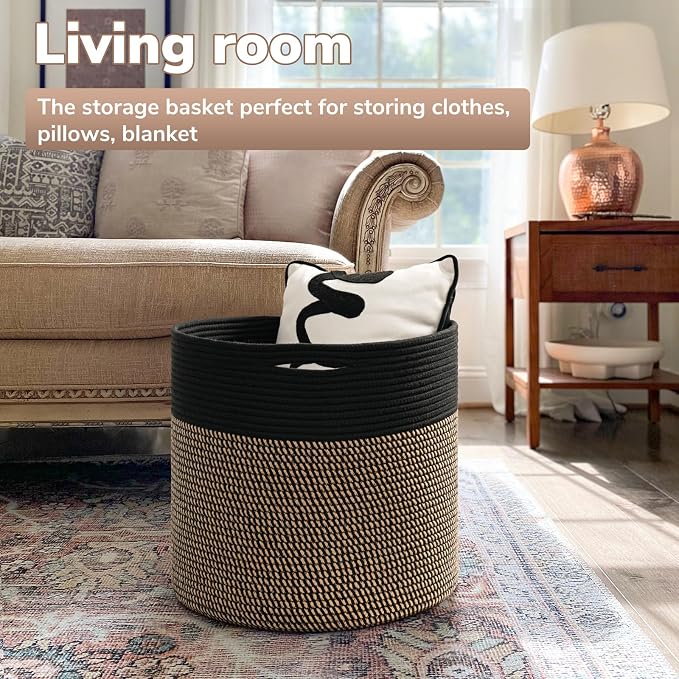 Goodpick Wicker Blanket Basket Living Room, Toy Storage for Playroom, 45L | 15.8 x 15.8 x 13.8 In Toy Storage Basket for Nursery, Blanket Basket for Living room, Laundry Basket, Black & Mix Jute