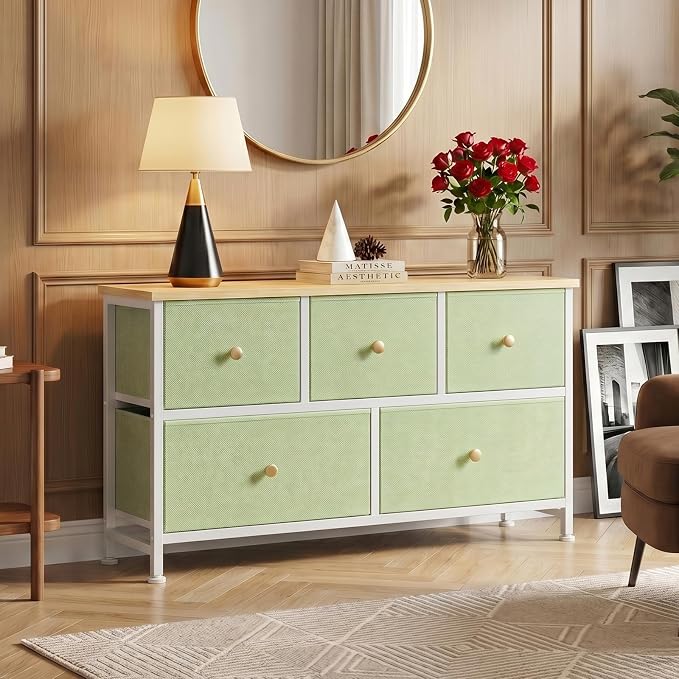 OLIXIS 5 Drawer Dresser for Bedroom, Storage Organizer Unit for Closet | Chest of Drawers for Clothes Storage with Bins, Wide Fabric Bedroom Dresser, Wooden Top, Living Room, Light Green