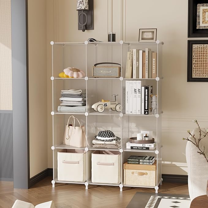 AWTATOS Closet Organizers, 12 Cube Storage Organizer, Transparent Twill | Portable Closet Organizers Storage Shelves, DIY Stackable Plastic Clothes Organizer Shelving for Home, Bedroom