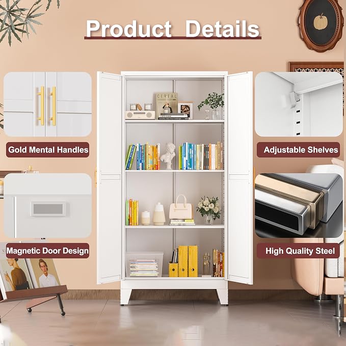 winiowa Metal Pantry Cabinet with 2 Doors and Adjustable Shelves, Kitchen Storage cabinets with Gold Handles, Versatile Storage for Laundry/Living Room,Bathroom,Dinning Room-White