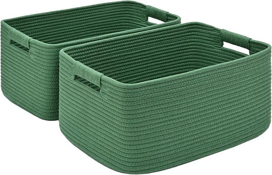 2 Pack Large Storage Basket for Organizing, 17.5"x13"x7" Woven Basket for Shelves, Closet Cube Storage Bins with Wrapped Handle, Cotton Rope Baskets for Kitchen, Clothes, Toys(Green)